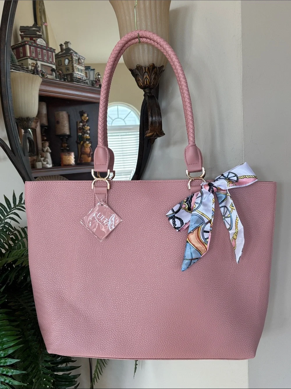 Ulta Dusty Rose Pink Pebbled Tote Bag Office Laptop Scarf Accent Bow Braided